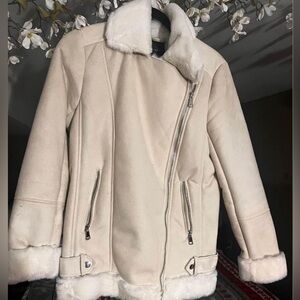 Dynamite XS White/beige Suede and Faux Fur Coat